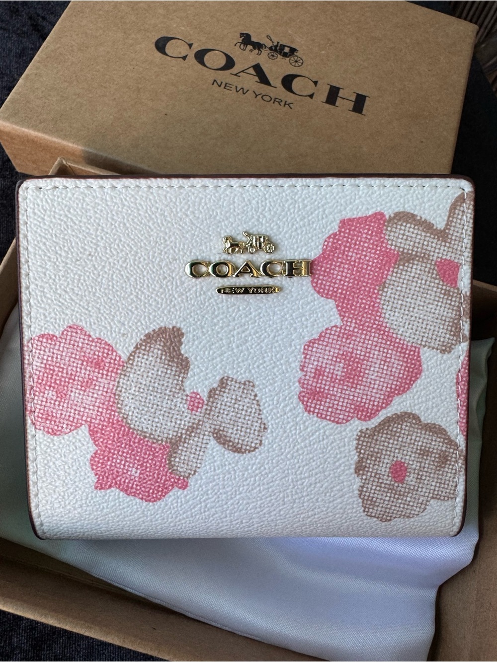 COACH Floral Compact Wallet in White, Pink and Tan